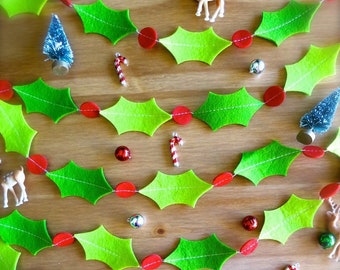 Holiday Holly Berry Garland: 1 Yard Felt Christmas Holiday Trim-Holly Berries Gift Wrap-Felt Christmas Crafts-Red & Green Christmas Decor