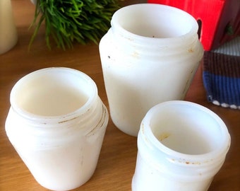 Vintage Milk Glass Jar Set-3 Antique White Jars-1900s Cosmetics Jars-Apothecary-Vintage Kitchen Storage-Vintage Vanity Display-Mid Century