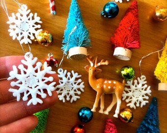 Mini Shimmery White Snowflakes-LAST SET-9 Glitter Snowflake Christmas Ornaments-Christmas Miniatures-Winter Wonderland-Holiday Snow Globe