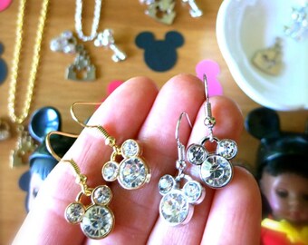 Sparkly Mickey Mouse Jewelry-Gold Mickey Ears Rhinestone Jewelry-Disney Gem Dangle Earrings, Bracelet, Necklace-Disneyland 70th Anniversary