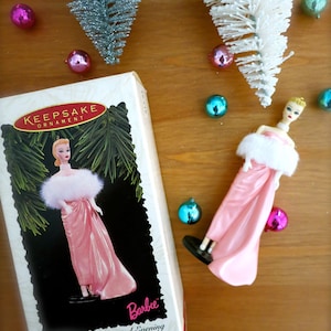 Vintage Barbie Christmas Ornament-Enchanted Evening Hallmark Barbie-Mini Barbie Doll Ornament-Holiday Barbie-Retro Pink Dress Blond Barbie