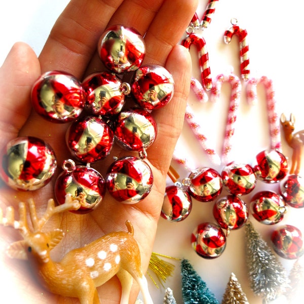 Mini Retro Shiny Christmas Bulbs-Lot of 9 Red & Silver Bulbs-Small Metallic Ornaments-Peppermint-Holiday-Putz Village-Mini Retro Shiny Brite