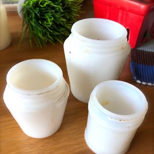 Vintage Milk Glass Jars-3 White Milk Glass Containers-Large Vintage Cosmetics Bottles-Vintage Vanity Display-1900's Make-Up Jars-Apothecary