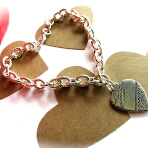 Vintage Engraved Silver Heart Charm Bracelet-Chunky Charm Bracelet-Heart Charm Bracelet-Silver Heart Jewelry-Love-Add a Charm Jewelry-Mom