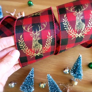 Gouden hertenvignet breed lint - 1 m vakantieversiering - rood, zwart geruit met draadrand - kerstkrans - kerstboom - lint winterhert - lelijke trui