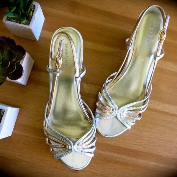 Vintage Women's Metallic Sandals-Size 7 Womens Shiny Heels-Metallic Silver, Gold, Copper Espadrilles-High Heeled Strappy Sandal-Merona Brand