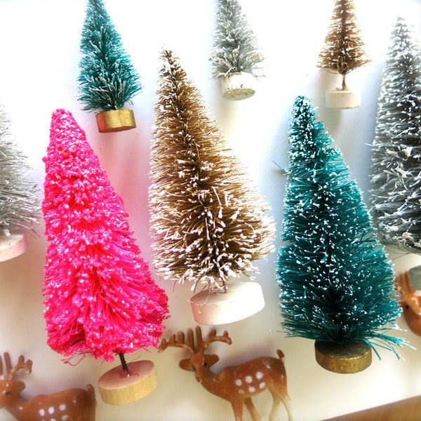 Mini Pink Glittery Bottle Brush Trees-Two 4 Inch-Mini Holiday Pines-Snow Globes-Putz Village-Retro 1950 Pink-Fairy House-Christmas Terrarium