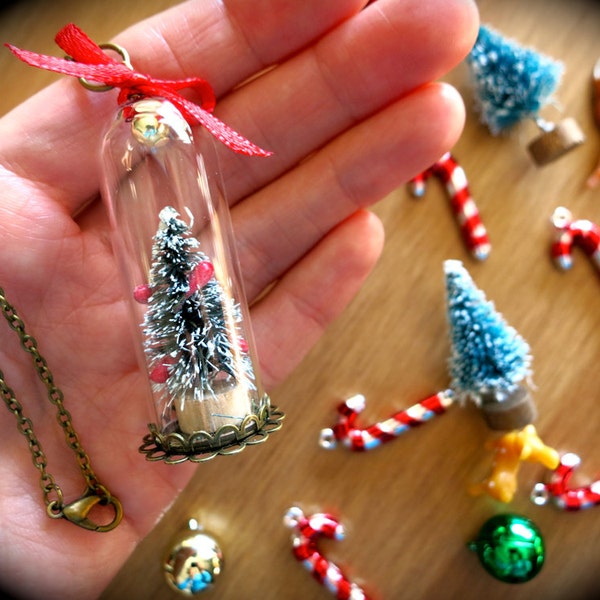 Tiny Christmas Terrarium Necklace-Bottle Brush Tree Glass Cloche Holiday Jewelry-Mini Flocked Pine Tree-Miniature Christmas-Retro Snowglobe