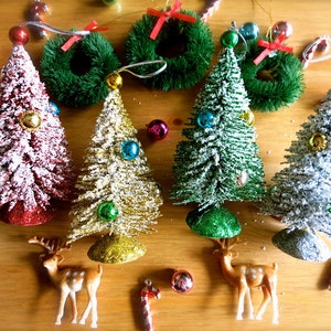 Mini Flocked Bottle Brush Christmas Tree w/ Shiny Bulbs-Red, Green, Gold, Silver Shimmery Trees-Retro Holiday Bottle Brush with Ornaments