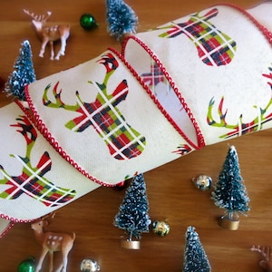 Geruit hertenlint - 1 yd vakantiehertenversiering - crème met rode en groene geruite herten - rode draadrand - gewei - kerstkrans, boom - winterhertlint