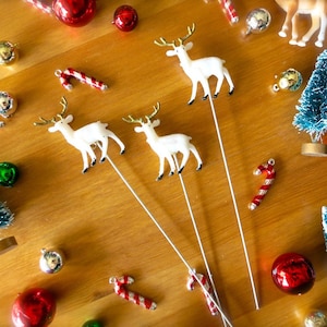 Mini Retro White Deer Set-Three Small Reindeer Picks-Tiny Vintage Style Deer-DIY Deer Crafting-Terrarium-Snow Globe-Holiday Putz Village