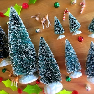 Miniature Flocked Bottle Brush Christmas Trees-Lot of Two 4 Inch Green & White Evergreens-Holiday Snow Globes-Putz Village-Woodland Decor