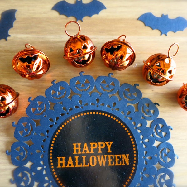 Mini Jack O' Lantern Pumpkin Bells-Lot of 6 Shiny Orange Pumpkin Bells-Small Metallic Pumpkin Bells-Halloween Kids' Jewelry Making, Crafts