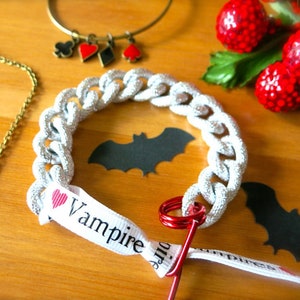 Heart Vampires Silver Bracelet-Shimmery Chunky Chain Vampire Bracelet-Twilight Jewelry-TwiMom-Red & Black Vampire Ribbon-I Heart Vampires