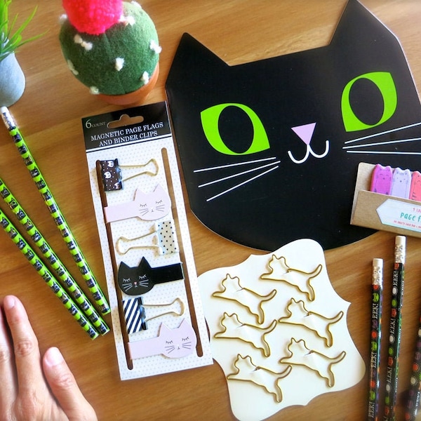 Cute Cat School Supply Set-Cat Notepads, Pencils, Binder Clips & Magnetic Page Flags, Sticky Notes and Paper Clips-Cat Desk Supplies-Kitty