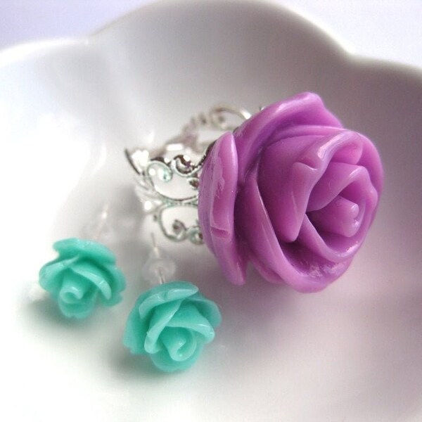 Spring Flower Cabochon Jewelry Set-Icing Rose Filigree Cocktail Ring & Sweet Rosette Pierced, Clip-On Earrings-Custom Rose Statement Ring