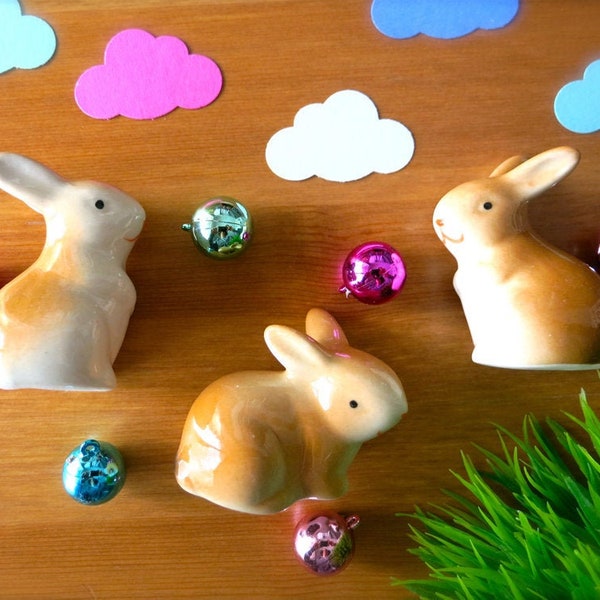 Mini Easter Bunnies-3 Small Ceramic Rabbits-Mini Creamy White & Tan Baby Bunny-Spring Crafting-Easter Basket-Baby Shower Decor-Fairy Houses