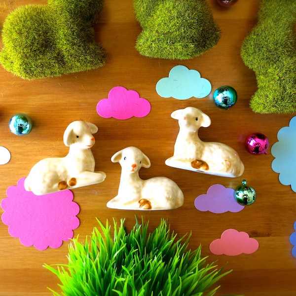 Mini Ceramic Lambs-3 Small Spring Sheep-Mini Creamy White Baby Sheep-DIY Retro Nativity Crafting-Easter Lambs-Baby Shower-Fairy House Animal
