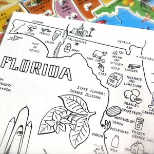 Carte de l'état de Floride vintage des années 1980, Floride, livre de coloriage - carte vintage, impression Miami, Tampa, Everglades, Key West, Cap Canaveral, plage orange