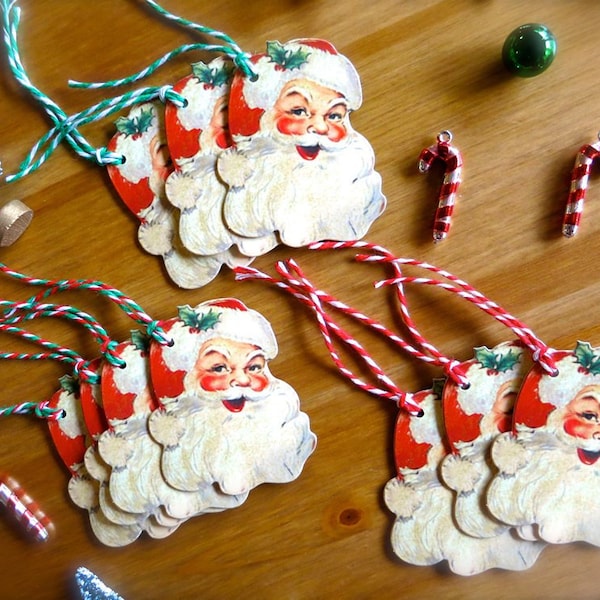 Retro Santa Claus Gift Tags-Lot of 10 Christmas Tags-Santa Gift Tags w/ Red & Green Twine-Santa DieCuts-Christmas Present-Holiday Gift Wrap