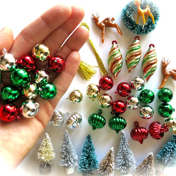 Mini Retro Shiny Christmas Bulbs-Lot of 12-Red, Green, Silver, Gold Tiny Ornaments-Retro Holiday Decor-Winter Wreath-Retro Shiny Brite-Party