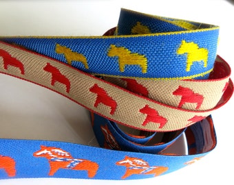 Dala Horse Woven Ribbon-Blue and Yellow-Swedish Ribbon-Dalahasten-Scandinavian Ribbon-Folk Horse-Scandi Pattern-Horses, Cowboys, Dala Trim