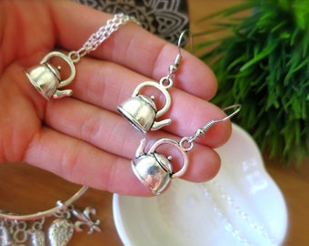 Silver Tea Pot Charm Bangle, Earrings or Necklace-Tea Jewelry-British Tea Pot-Tea Party-Alice in Wonderland-Coffee Pot-Disney Jewelry-Belle