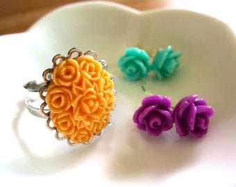 Peachy Roses Oval Cabochon Cocktail Ring & Custom Rosette Earring Set-Adjustable Silver Band-Autumn Flower Jewelry-Statement Flower Ring-BFF