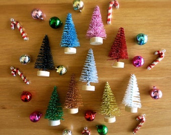 Mini Shimmery Bottle Brush Trees-Lot of Nine Colorful 2 Inch-Mini Glittery Christmas Pines-Holiday Village-Tiny Tree Assortment-Snow Globes