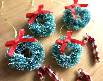 Mini Bottle Brush Christmas Wreaths: Flocked Green Ornaments, Red Bows (Lot of 4)