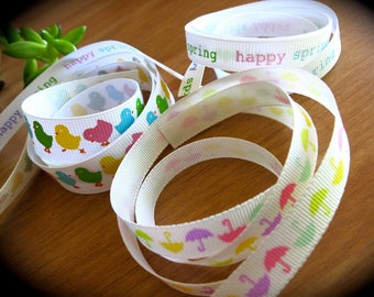 Cute Pastel Spring Mix Grosgrain Ribbon-Easter Chicks, Happy Spring, & Pastel Umbrellas-Baby Shower Decor-Easter Party-Spring-April Showers