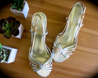 Vintage Women's Metallic Sandals-Size 7 Womens Shiny Heels-Metallic Silver, Gold, Copper Espadrilles-High Heeled Strappy Sandal-Merona Brand
