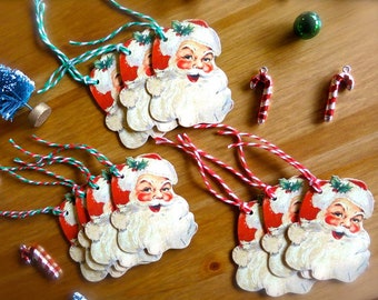 Retro Santa Gift Tags: Christmas Present Labels-10 Santa Claus Gift Tags-Vintage Style Santa Die Cuts-Red & Green Twine-Holiday Ornaments
