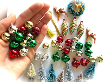 Mini Retro Shiny Christmas Bulbs-Lot of 12-Red, Green, Silver, Gold Tiny Ornaments-Retro Holiday Decor-Winter Wreath-Retro Shiny Brite-Party