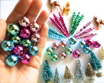 Mini Retro Shiny Pastel Tree Bulbs-Lot of 12 Tiny Tree Christmas Ornaments-Pale & Hot Pink, Mint, Blue-Baby Shower-Retro Holiday Shiny Brite