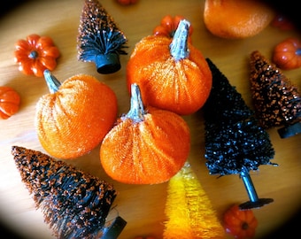 Mini Orange Velvet Pumpkins-Lot of 3 Orange or Gray Fabric Pumpkins-Halloween Party-Fall Decor-Thanksgiving Pumpkins-Autumn Vase Filler