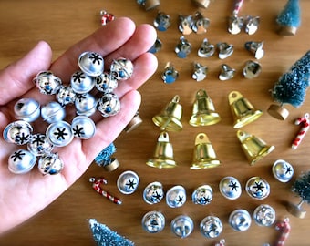 Mini Silver Jingle Bells-20 Small Metal Snowflake Bells-Shiny & Brushed Silver Jingle Bells-Sleigh Bells Lot-Christmas, Holiday Ornaments