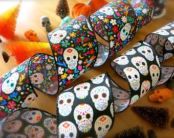 Colorful Sugar Skulls Ribbon-1 YARD Black Wire Skull Ribbon-Day of the Dead Ribbon-Halloween Skull Wreath, Decor-Mexican Craft-Skeleton Trim