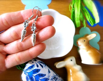 Silver Carrots Charm Bangle, Earrings, Necklace-Spring Gardener Gift-Bunny Food Charm Jewelry-Mini Silver Carrots Charms-Mini Garden Veggies