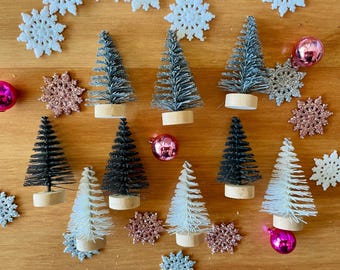 Mini Bottle Brush Trees: Black, White, Gray-2 Inch Trees-Set of 9-Mini Holiday Trees-Snow Globe Trees-Christmas-Halloween Village Miniatures