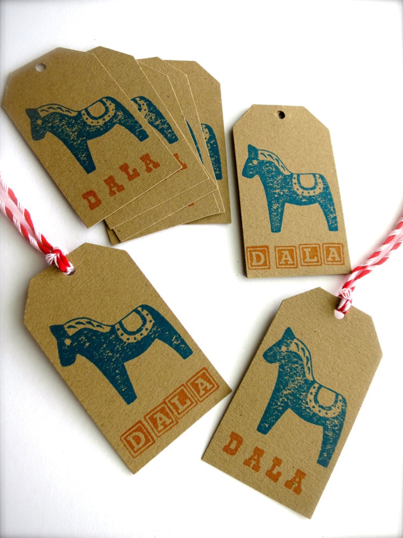 Dala Horse Gift Tags-Baker/'s Dozen 13-Orange /& Blue on White or Kraft Brown-Swedish Stationary-Scandinavian Gift Wrap-DALA-Dala Tags-Sweden