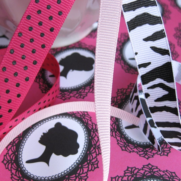 Sassy Grosgrain Ribbon Lot-Hot Pink & Black Polka Dots, Pastel Pink, Black/White Zebra Stripes-Pink Gift-Princess, Zoo, Girl Birthday Party
