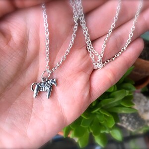 Puede incluir: Un collar plateado con un peque&ntilde;o colgante de caballo con una silla de montar. El colgante est&aacute; unido a una delicada cadena. El collar se muestra sobre un fondo borroso de una mano y vegetaci&oacute;n.
