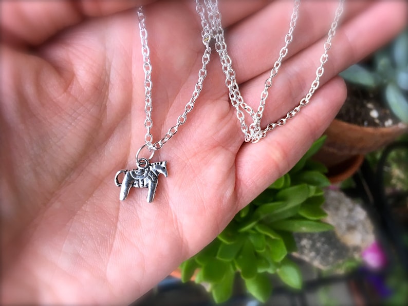 Puede incluir: Un collar plateado con un peque&ntilde;o colgante de caballo con una silla de montar. El colgante est&aacute; unido a una delicada cadena. El collar se muestra sobre un fondo borroso de una mano y vegetaci&oacute;n.