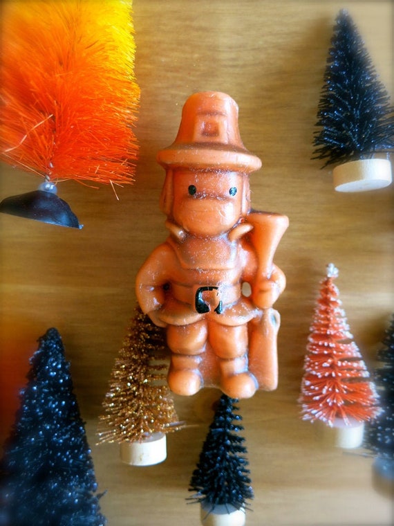 Vintage Gurley Thanksgiving Candle: Orange Pilgrim Figurine, 1950s Holiday Decor