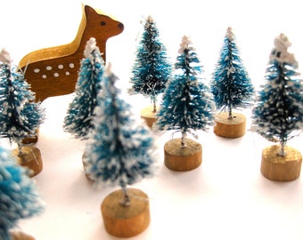 Tiny Bottle Brush Christmas Trees-Lot of Ten 1.5 Inch-Green & White Mini Flocked Pines-Rustic Holiday-Putz Village-Snow Globes-Terrarium
