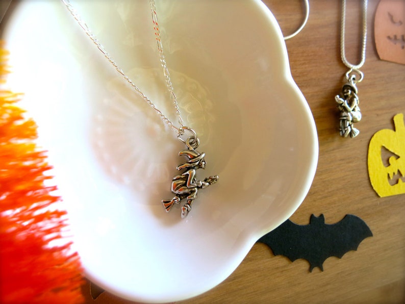 Vintage Sterling Silver Witch Charm-Vintage Halloween Charm-w Custom Sterling Silver Necklace-18 Inch .925 Chain-Halloween Witch Jewelry