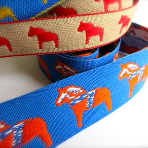 Swedish Dala Horse Embroidered Ribbon-Blue or Tan & Orange Trim-1 in. wide-Swedish Dalahasten-Scandinavian Woven Ribbon-Folk Horse-Sweden