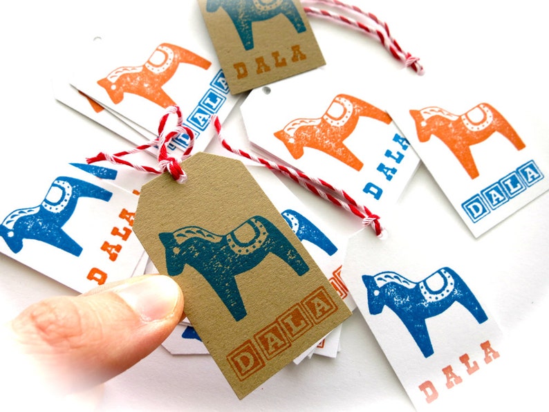 Dala Horse Gift Tags-Baker/'s Dozen 13-Orange /& Blue on White or Kraft Brown-Swedish Stationary-Scandinavian Gift Wrap-DALA-Dala Tags-Sweden