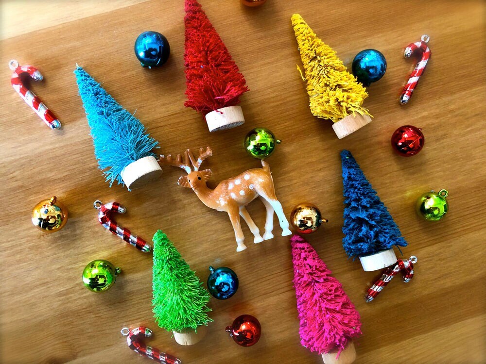 Mini Bottle Brush Christmas Trees: Rainbow Colors, Holiday Village, Set of 6